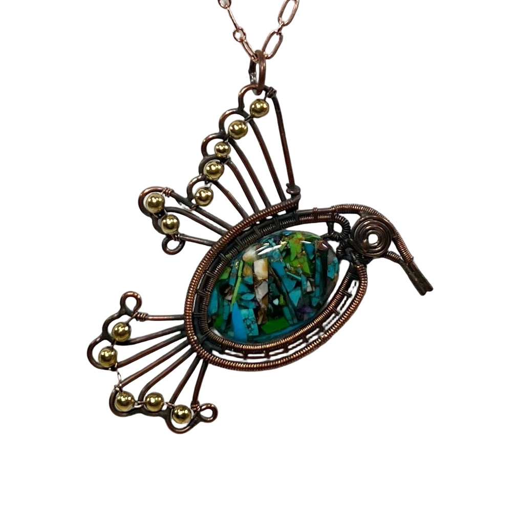 Copper Wire Kingman Turquoise Vintage Style Bird Gemstone Necklace